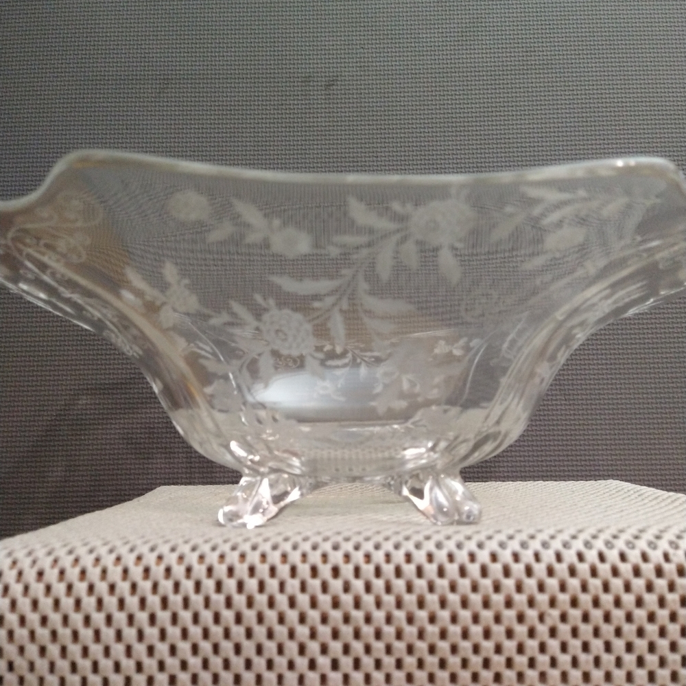 Cambridge Glass Etched Floral Square Flared 11.5" Console Dish Bowl 4 Toe